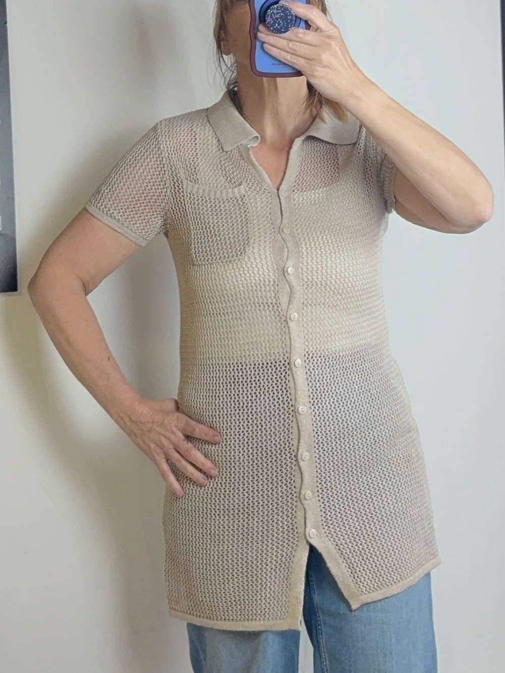 Haute Hippie Taupe Open-Knit Short-Sleeve Tunic